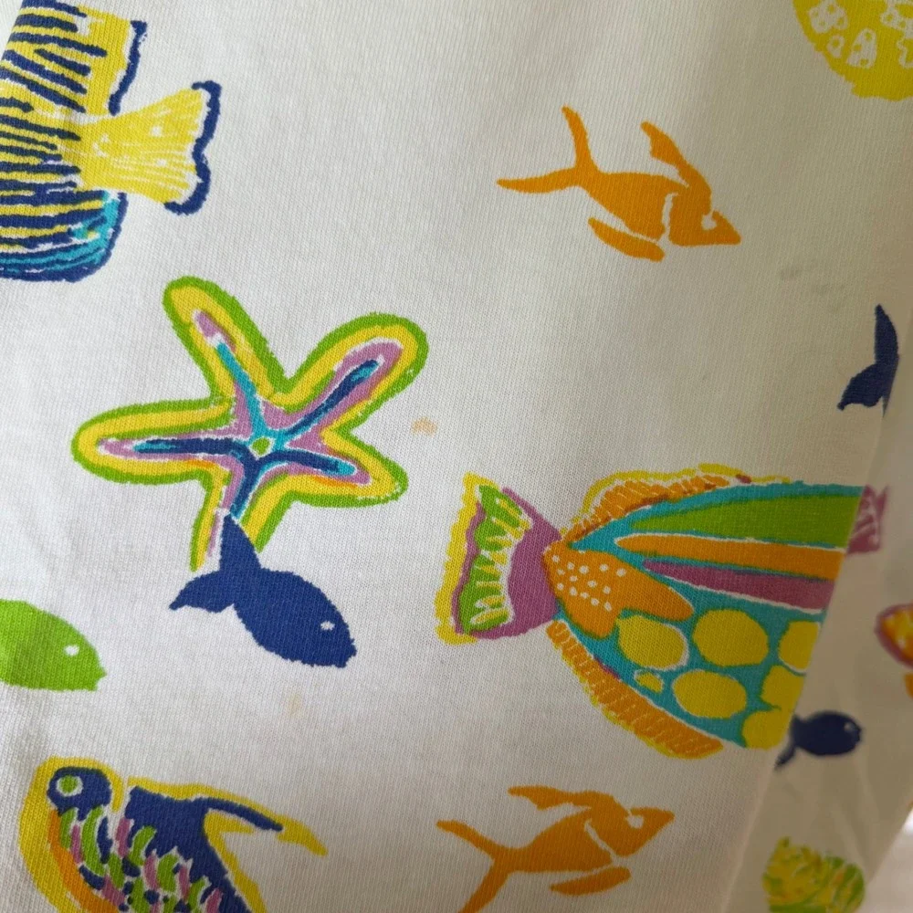 80's Cotton Connection Tropical Fish Set White Short Sleeve Shorts Womens M